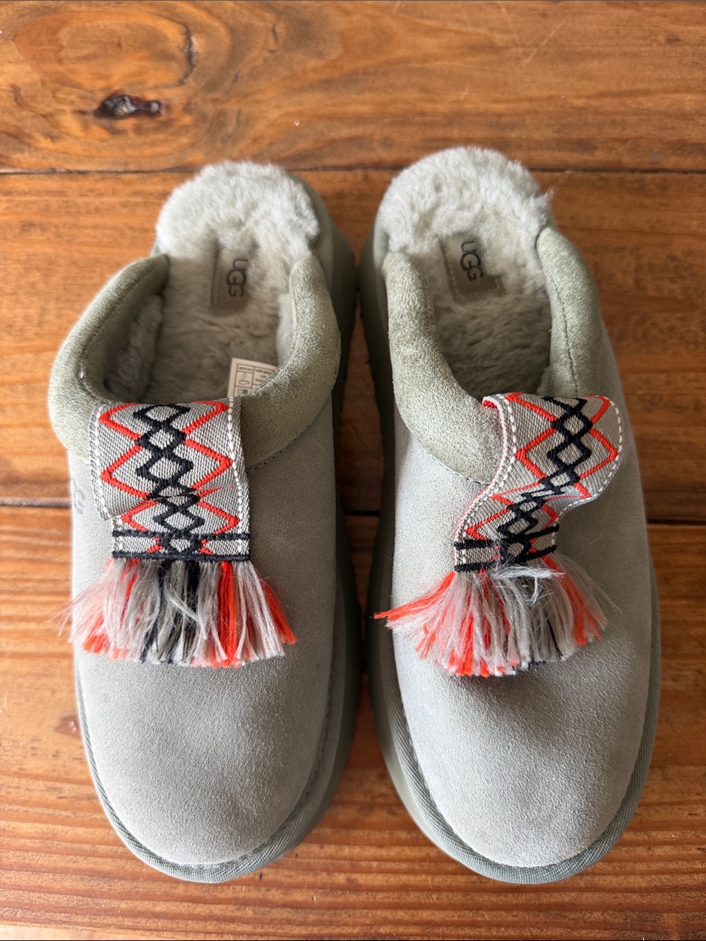 UGG womens sage green Suede Slip-On Slippers with Multicolor Tassel